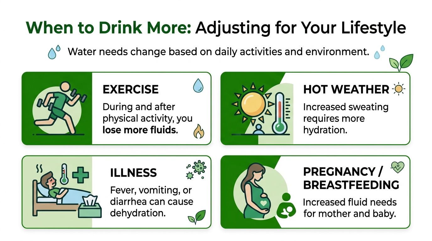 An infographic showing four lifestyle factors: exercise, hot weather, illness, and pregnancy, requiring increased daily water intake.
