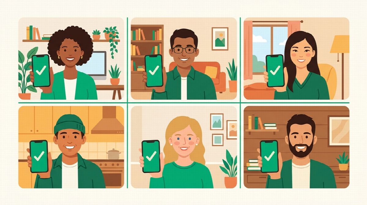A remote team on a video call grid, each person holding up a phone showing a green checkmark