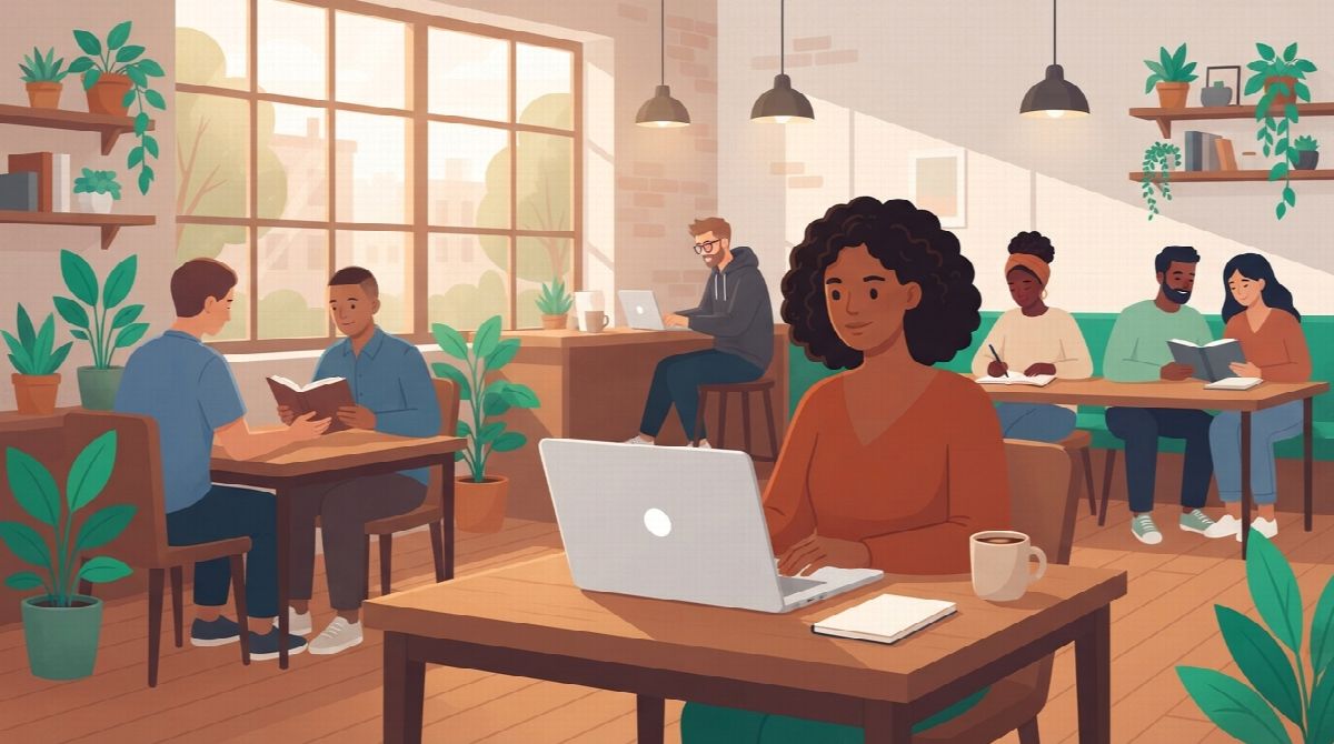 A person studying at a cafe table with a laptop while other people quietly work at nearby tables, warm window light