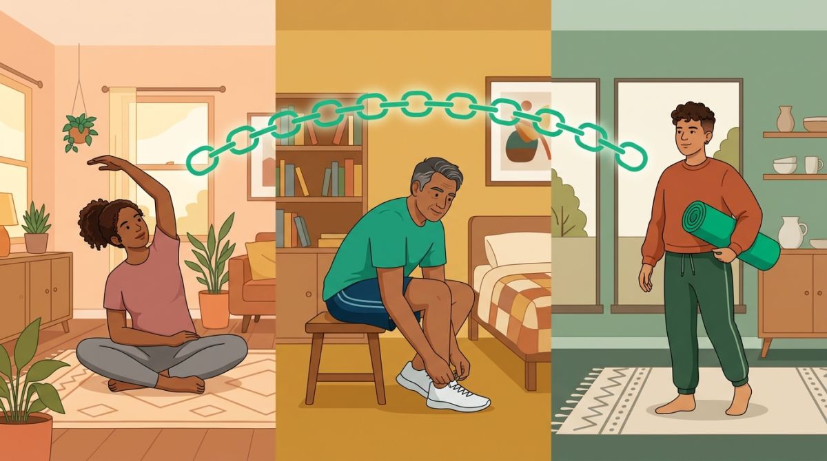 Illustration of friends in different homes connected by a glowing chain of checkmarks