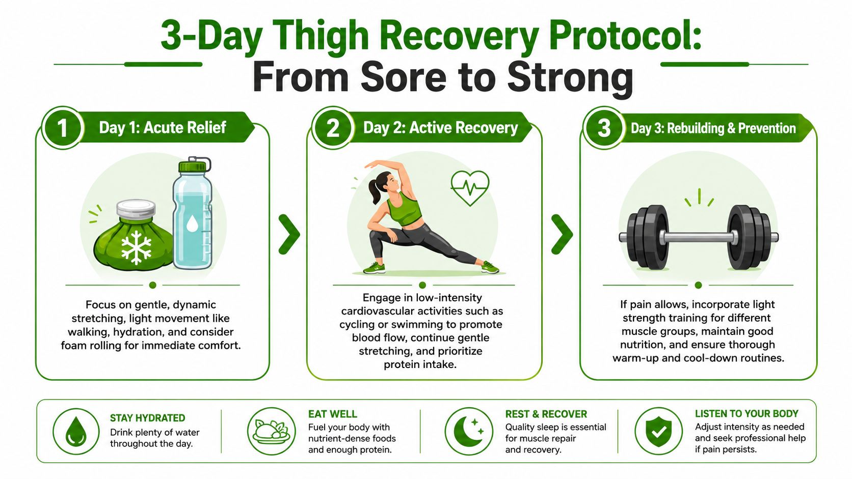 A 3-day recovery protocol infographic for sore thighs, outlining daily exercise, hydration, and nutrition tips.