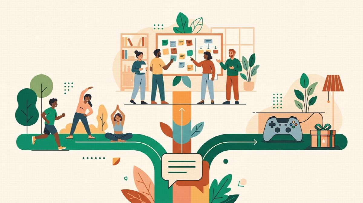 Three paths from one Discord logo: a group of people building a habit together, a team standup meeting, and a game controller