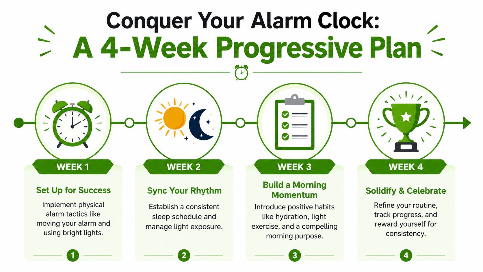 A four-week plan infographic on how to conquer your alarm clock and improve morning routine consistency.