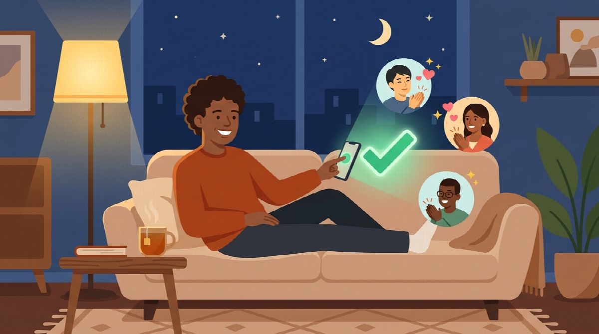 Illustration of a person on a couch on a Friday evening tapping a checkmark on their phone, with small avatars of friends reacting with cheers