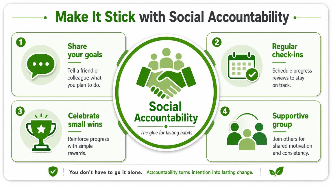 An infographic on social accountability showing four tips for building lasting habits with shared goals and support.