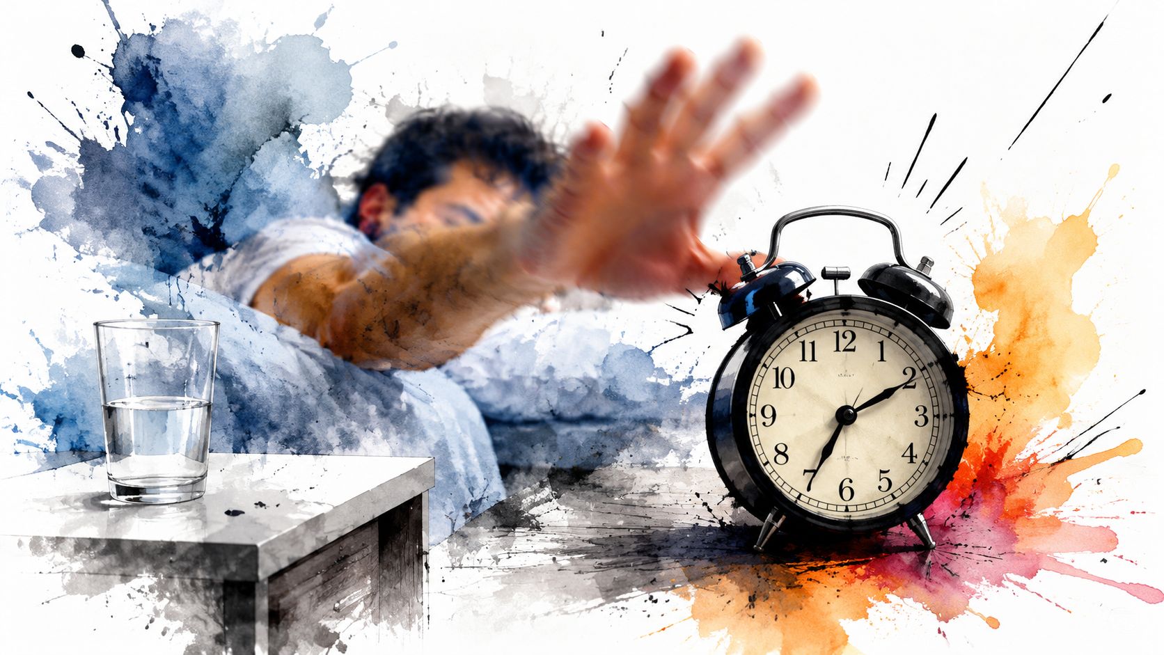 A person reaching out to turn off an alarm clock while waking up in bed.