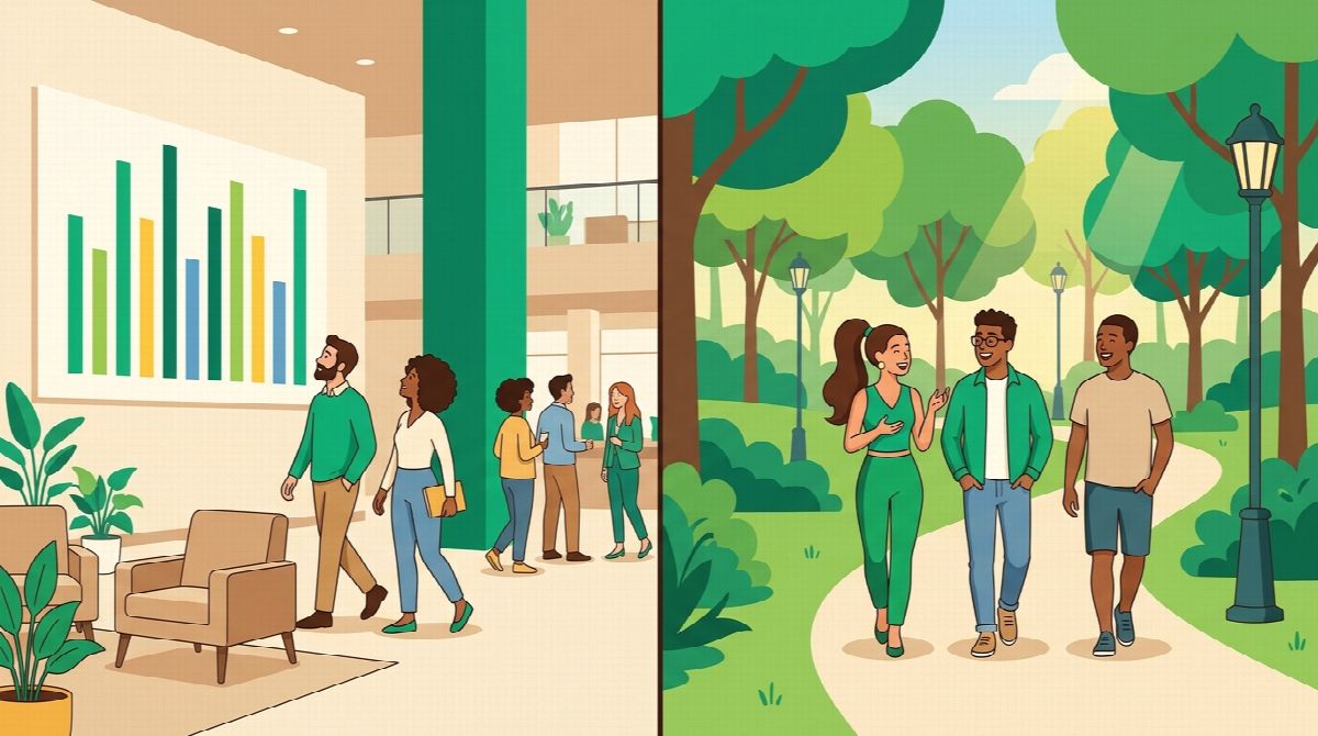 Split scene of a company wellness program with a big lobby leaderboard and a small crew of coworkers walking together at lunch