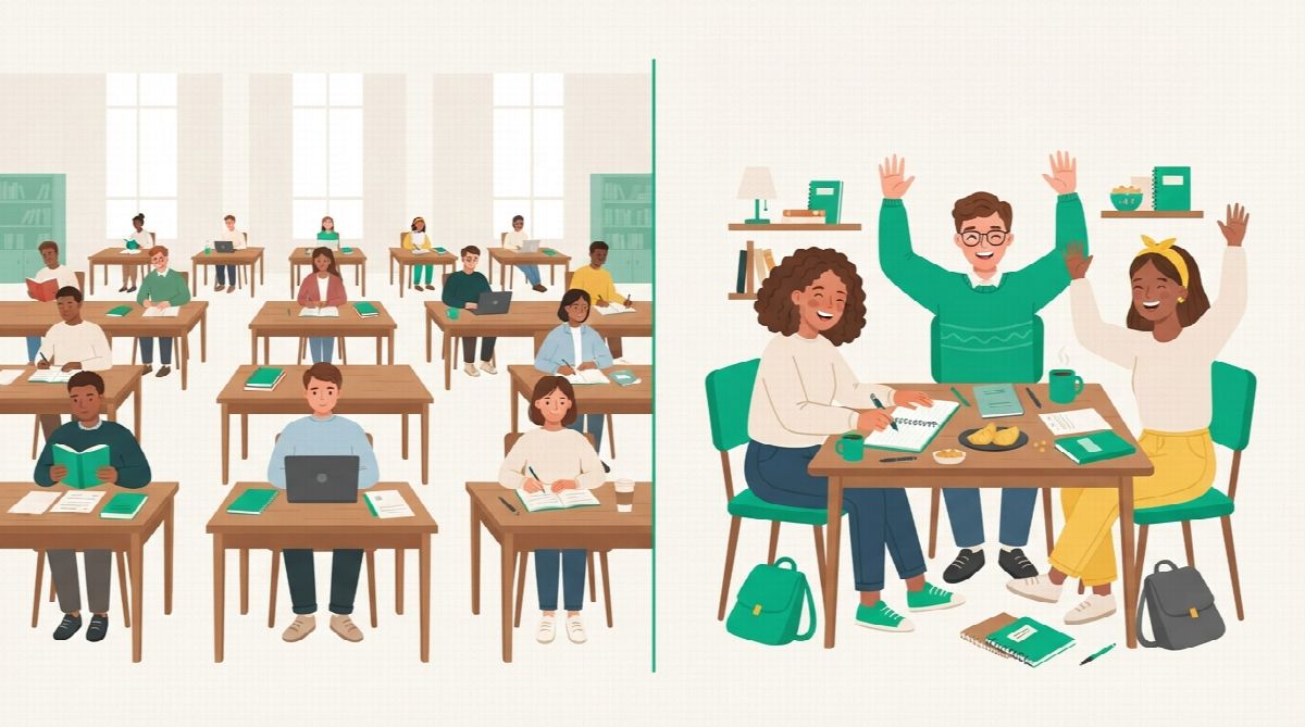 Split scene of a large quiet study hall full of strangers on one side and three friends cheering at a small dorm table on the other