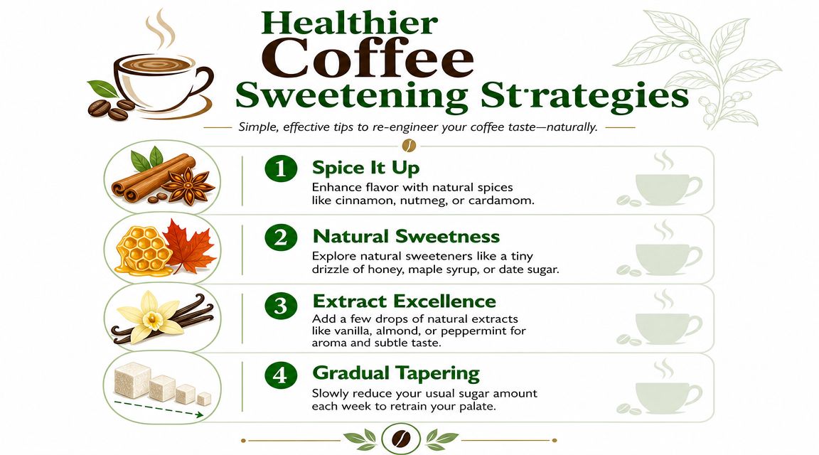 An infographic titled Healthier Coffee Sweetening Strategies showing four natural ways to reduce sugar in coffee.