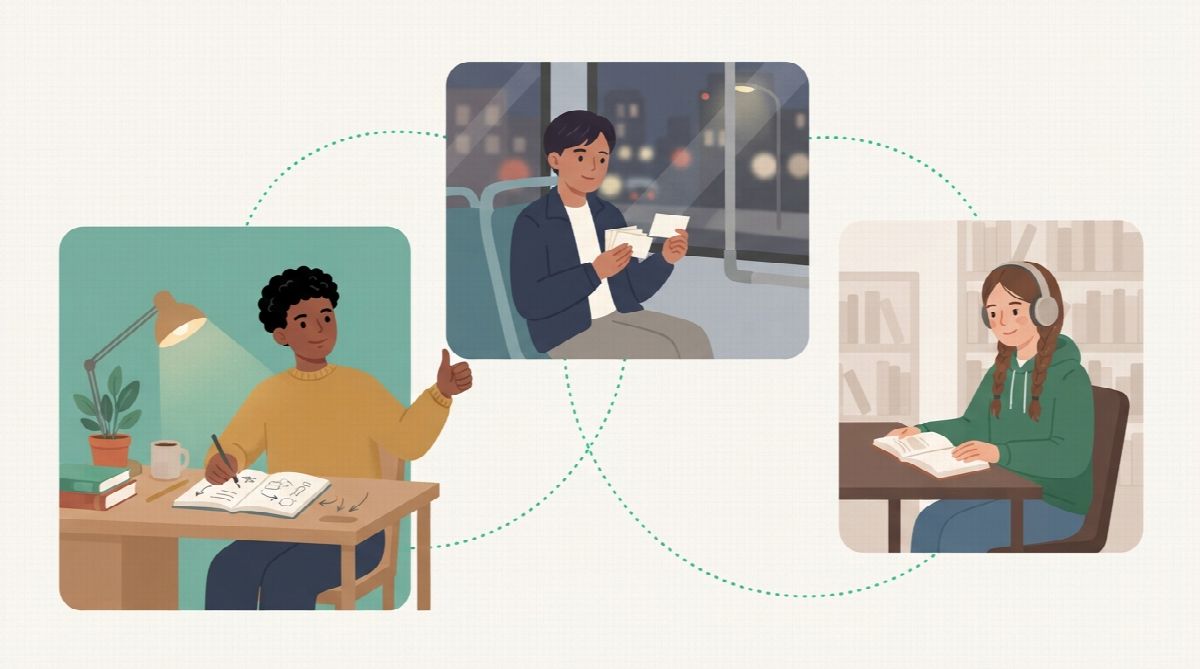Three students at the same evening hour at a dorm desk, on a city bus with flashcards and in a library corner, connected by dotted green lines, one giving a thumbs up