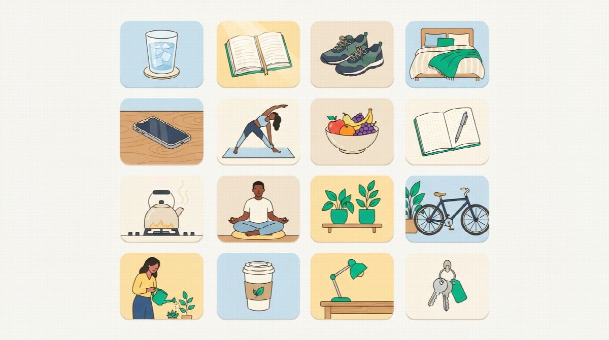 A tidy grid of small everyday actions in rounded tiles: a glass of water, an open book page, walking shoes, a made bed, a phone face down, a person stretching, a fruit bowl, a notebook