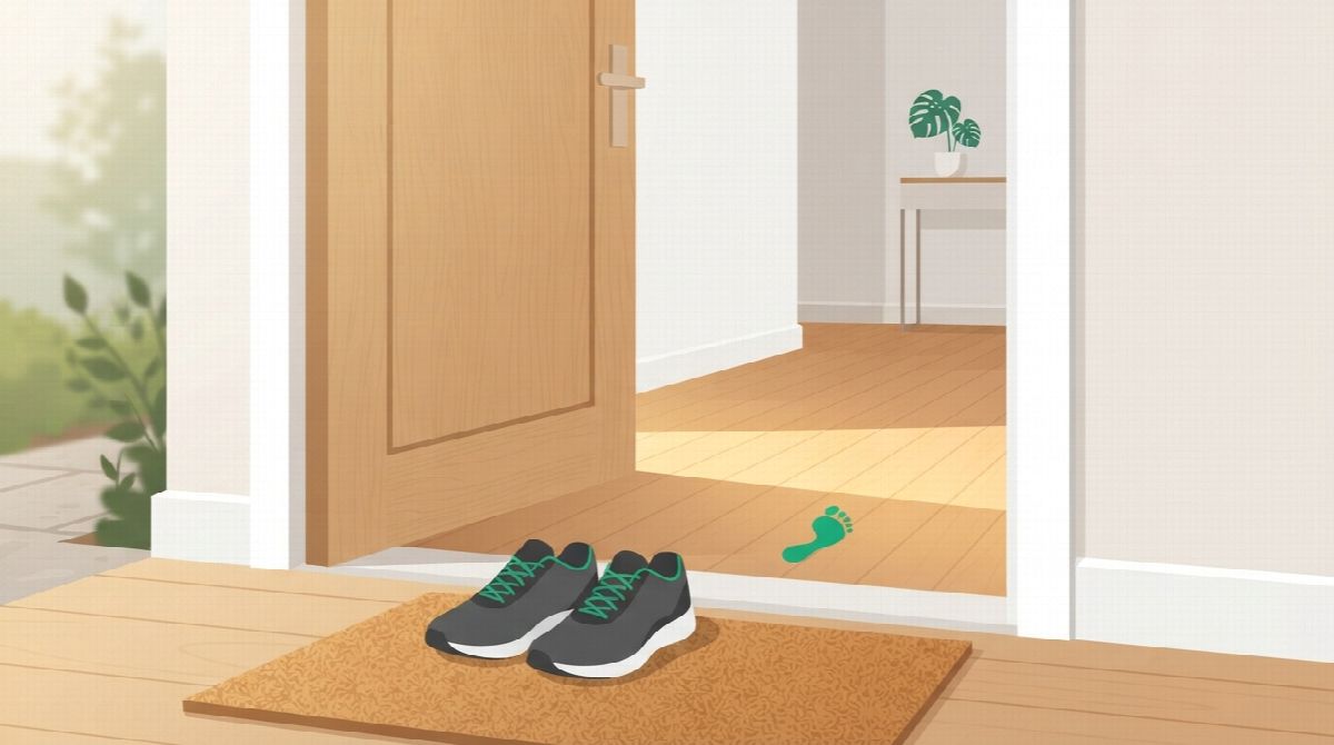 A pair of running shoes beside an open front door with a single small green footprint just past the threshold