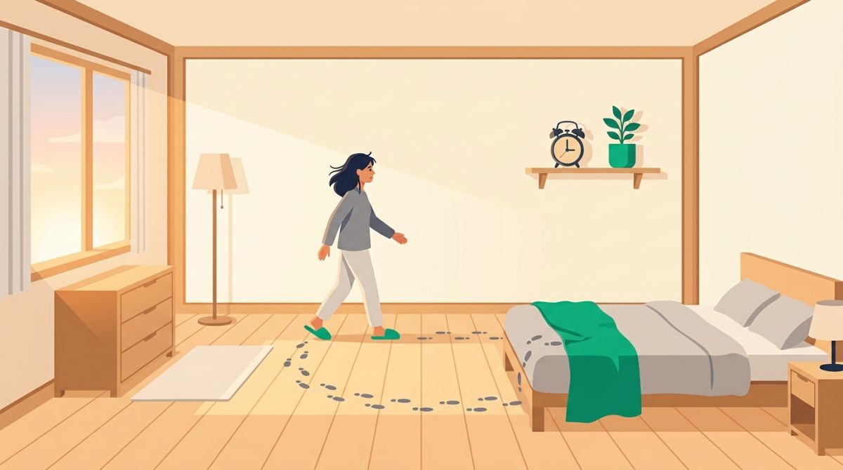 Flat illustration of an alarm clock placed across the bedroom, far from the bed, so waking up requires standing and walking