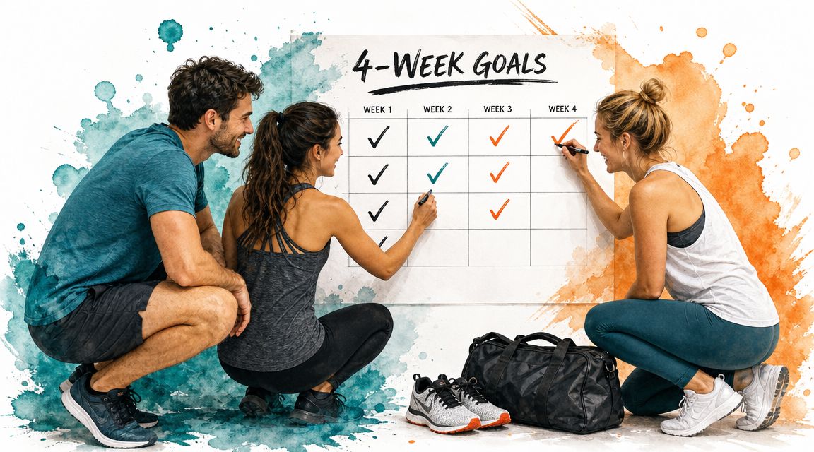 A diverse group of three people setting and checking off fitness goals on a wall chart together.
