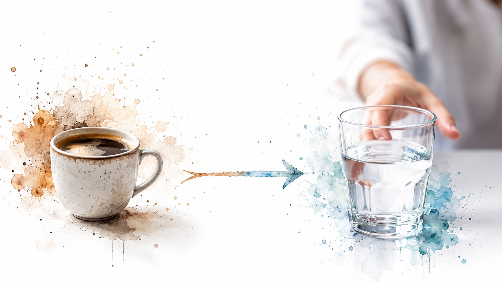 A cup of coffee transitioning to a glass of water, symbolizing healthy behavioral changes and hydration.