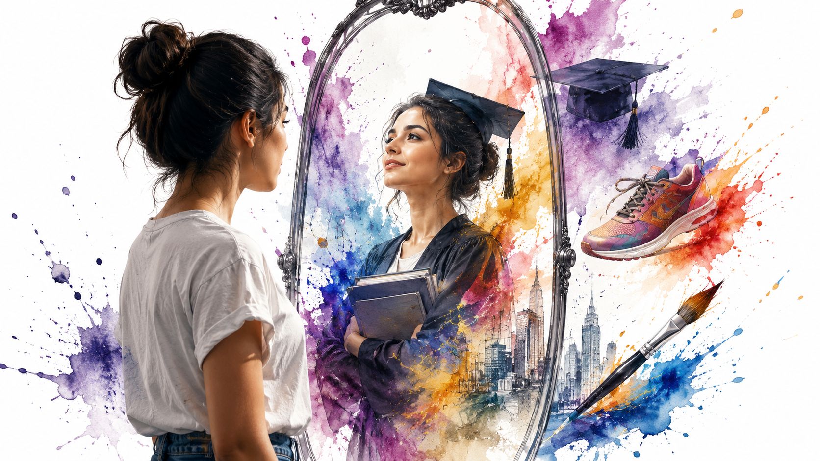 A woman looks into a mirror seeing her future graduation and success with art and travel goals.