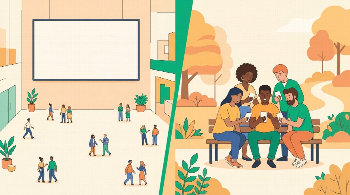 A split scene: a large office lobby with a big leaderboard screen on one side, a small group of friends checking phones on a park bench on the other