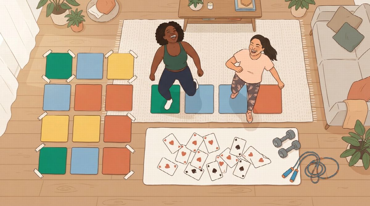 Overhead view of a living room turned into a workout game, with colored tiles taped on the floor, playing cards on a mat, dumbbells and two friends laughing mid-exercise