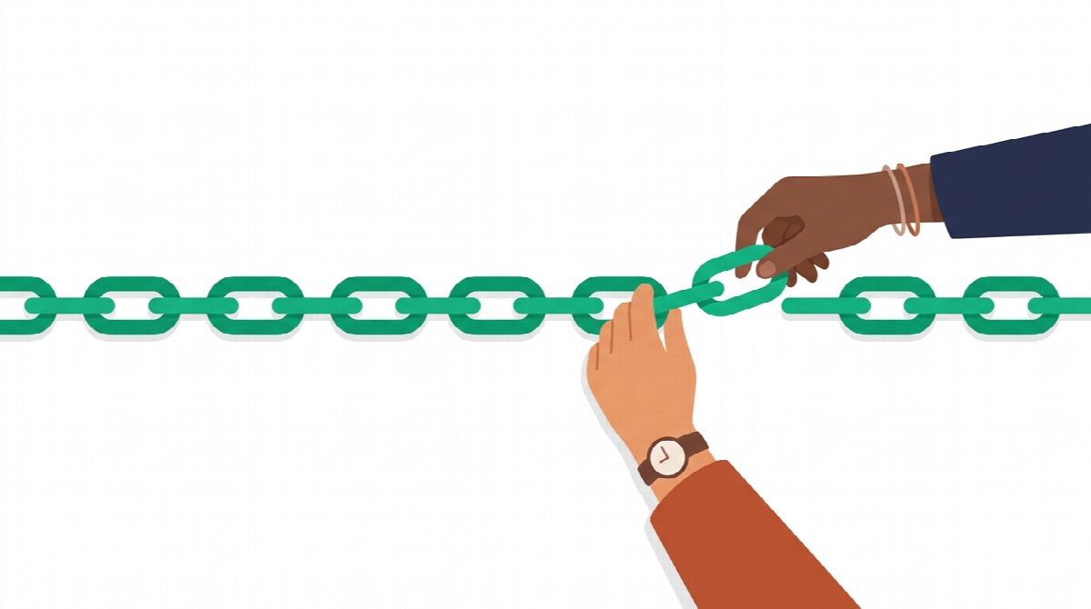 A single chain of green links stretching across a white background, one link being added by two hands