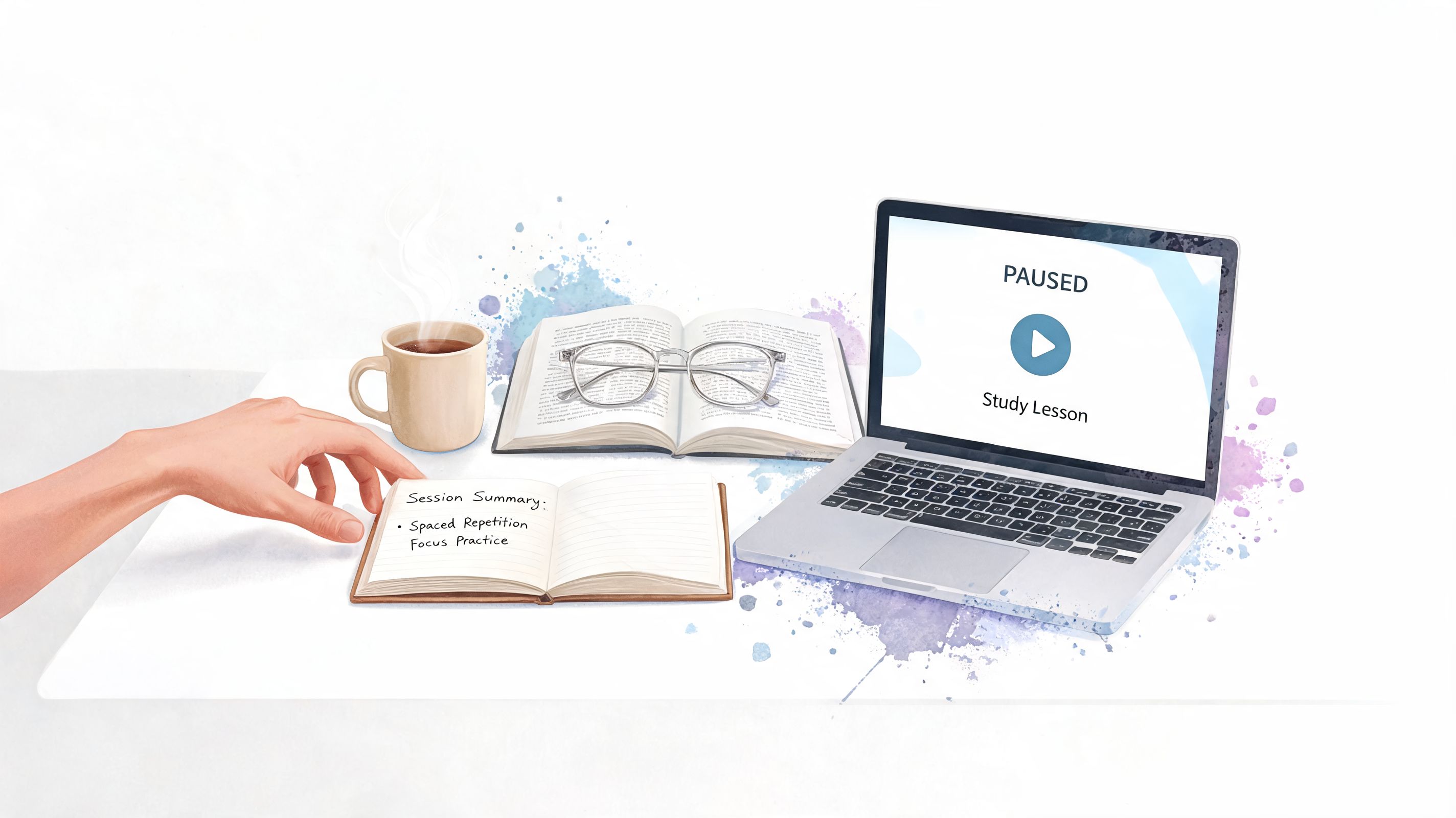A hand rests near an open notebook with study notes next to a laptop showing a paused lesson.
