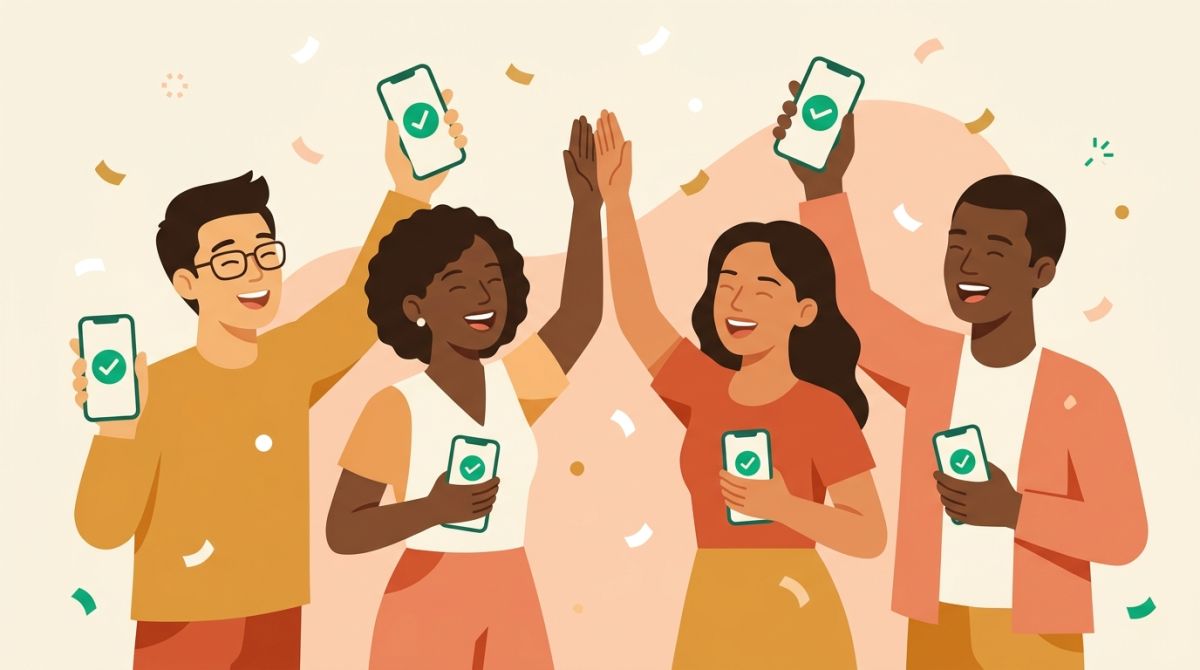 Flat illustration of a group of friends celebrating a completed daily challenge together