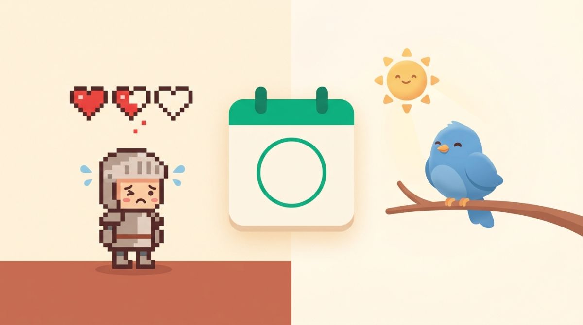 Illustration of two paths from one missed day: a knight taking damage on one side and a small bird calmly waiting on the other