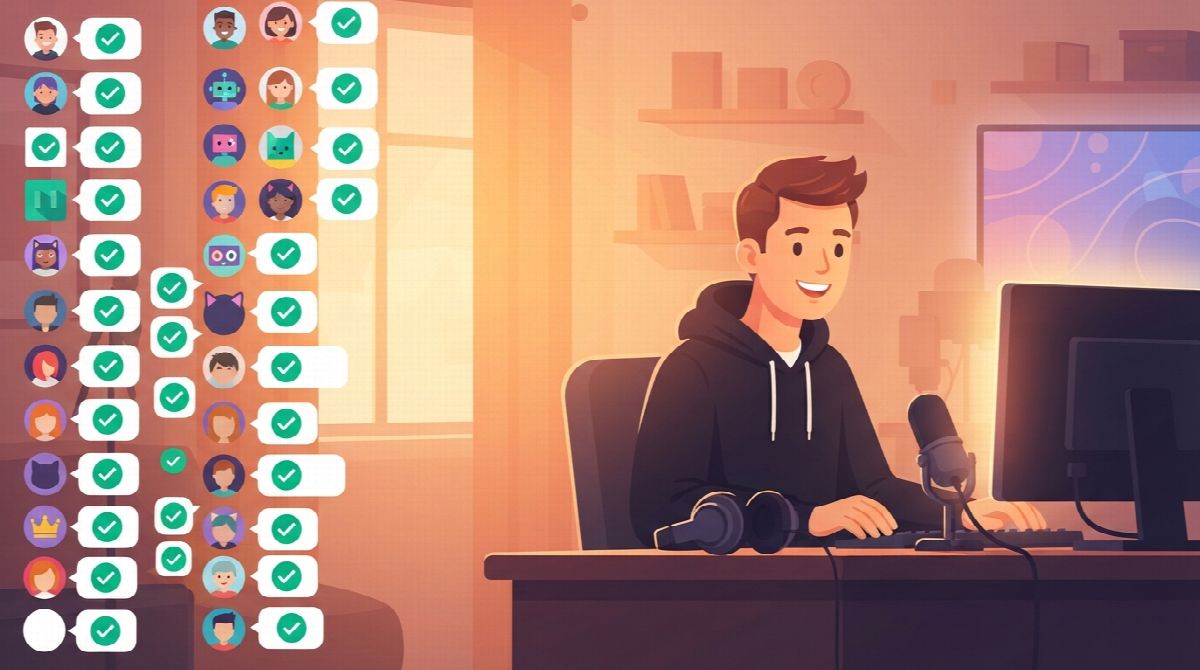 Illustration of a live stream chat drawn as a column of speech bubbles, each holding a green checkmark next to a small viewer avatar, while a streamer smiles at the screen