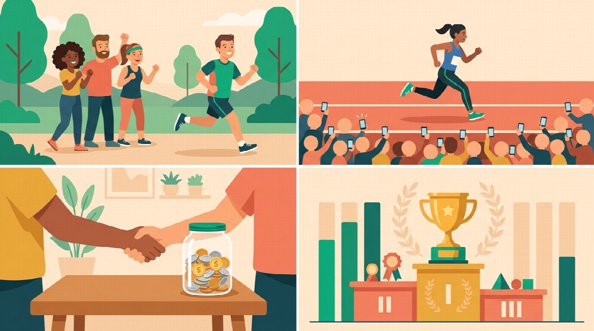 Four styles of workout accountability: a small friend group cheering a checkin, a public feed, money on the line, and a competition scoreboard