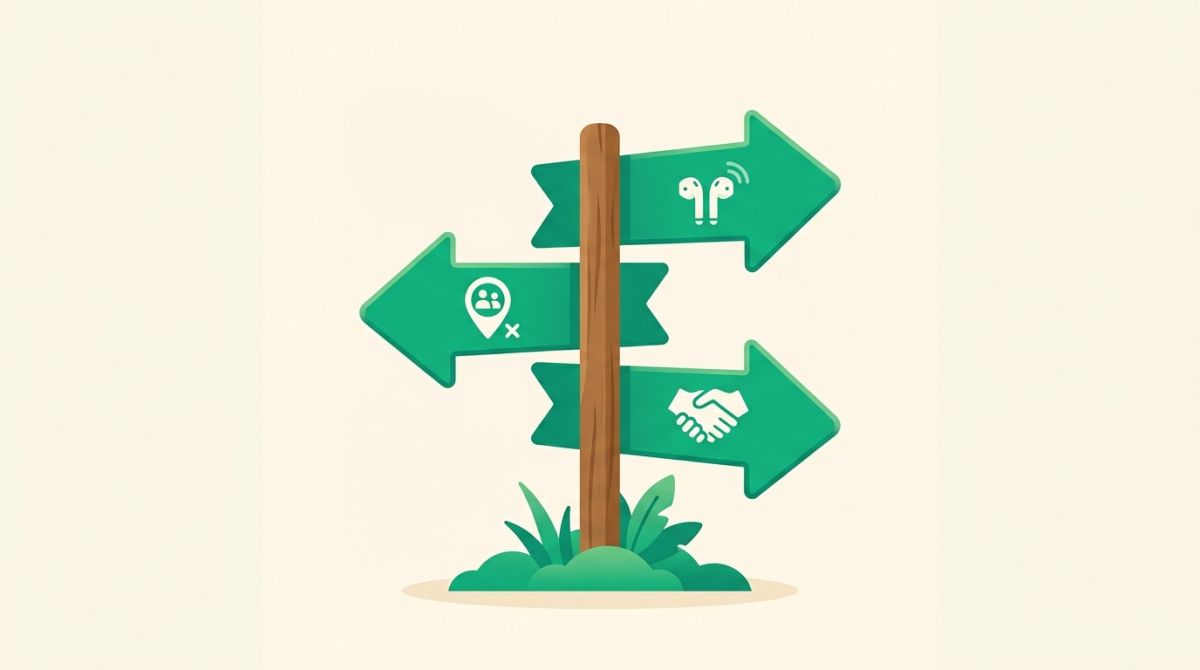 A signpost with three arrows carrying icons: wireless earbuds, a map pin with two people, and clasped hands