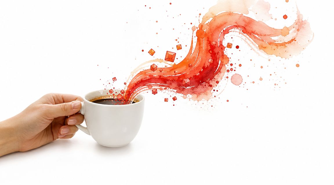 A hand holds a white cup of coffee with a splash of red watercolor and geometric shapes.