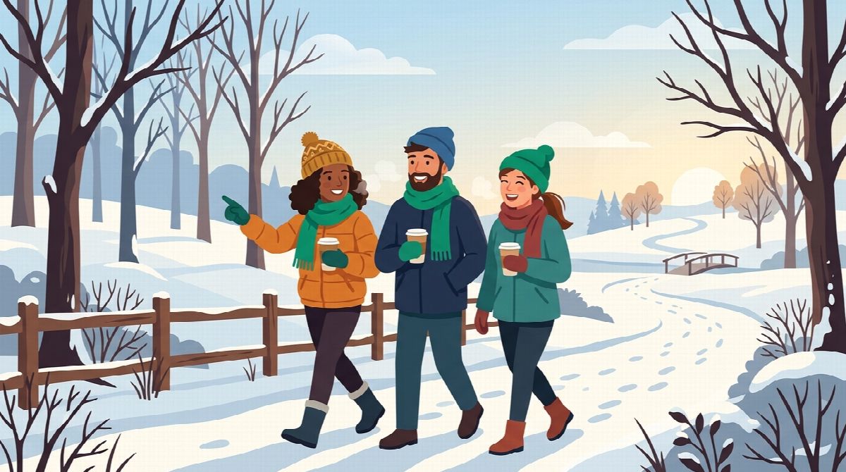 Three friends bundled up on a winter morning walk with takeaway coffees, one pointing ahead cheerfully