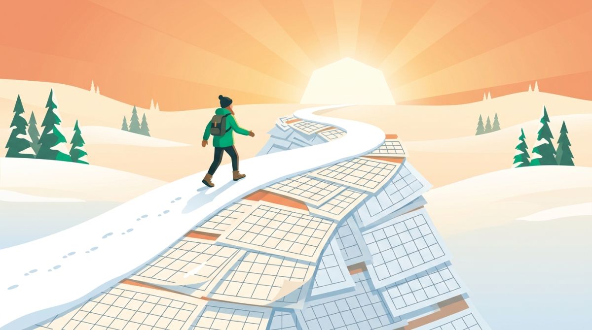 Illustration of a person walking up a snowy hill made of calendar pages toward a bright new year
