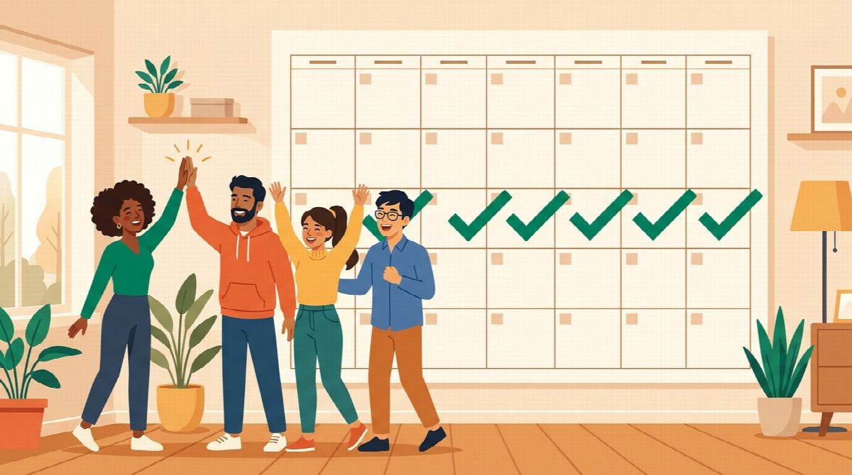 A small group celebrating a growing chain of daily checkmarks on a calendar