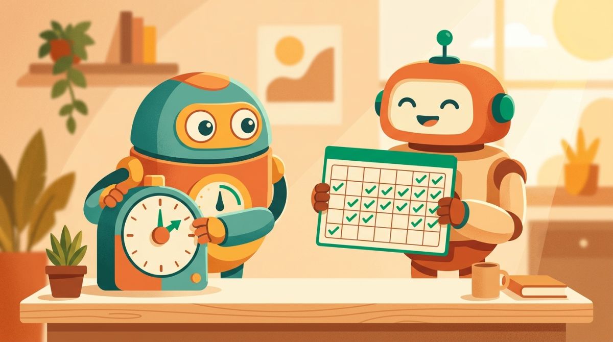 Flat illustration of two friendly robot helpers working side by side, one at a desk with a timer and one holding a calendar of completed days