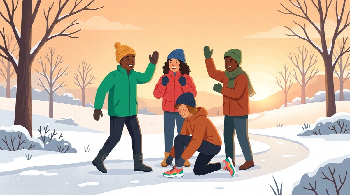 Four friends in winter clothes cheering a friend who is lacing up running shoes on a snowy morning trail