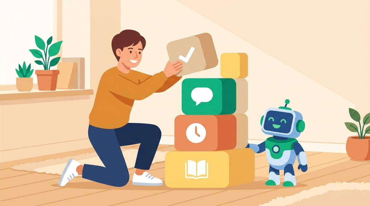 Illustration of a person assembling labeled building blocks into an organized structure with a clock and books