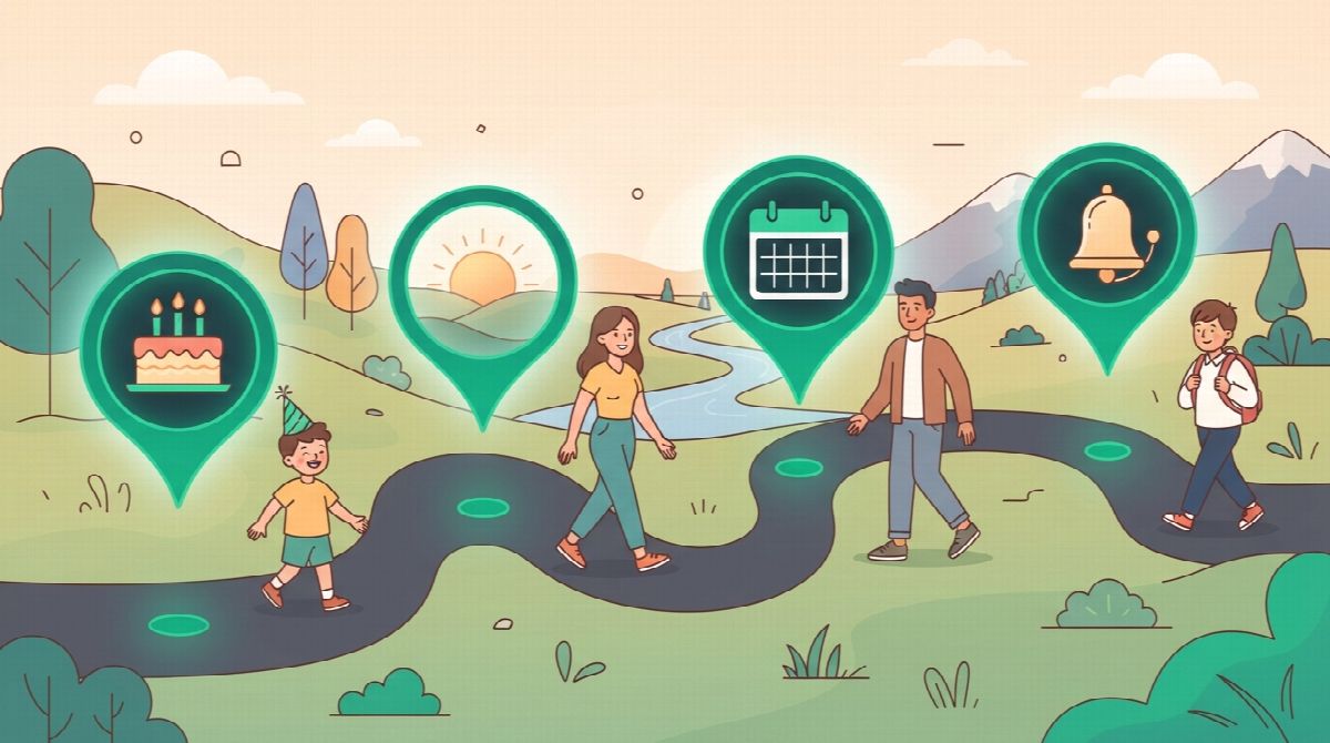 Illustration of a timeline path with glowing milestone markers for a birthday, a sunrise, a calendar page and a school bell, with people stepping onto the path at each marker