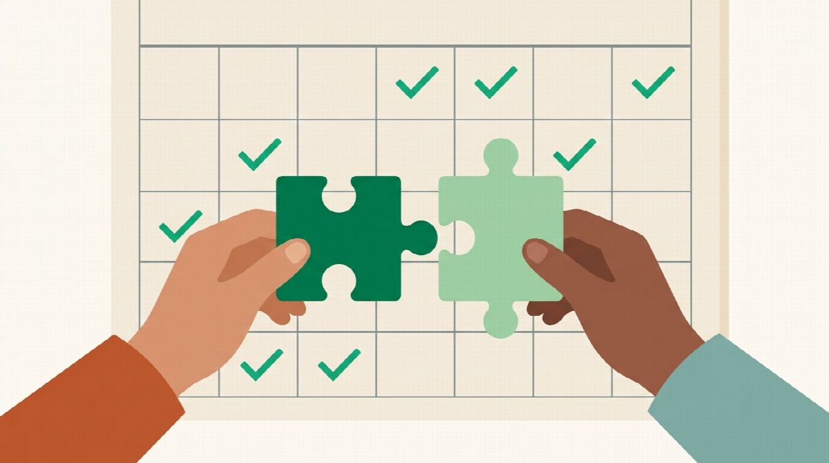 Two hands holding puzzle pieces that fit, set against a simple calendar with checkmarks
