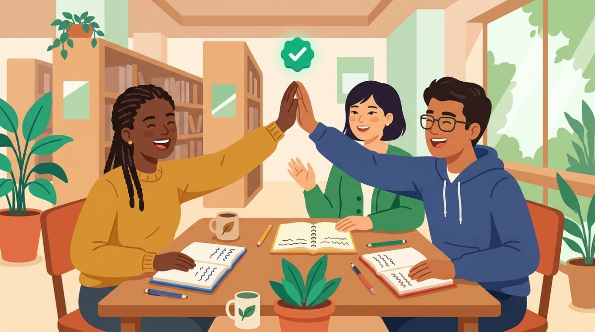 Illustration of three students at a shared table celebrating a kept study day together