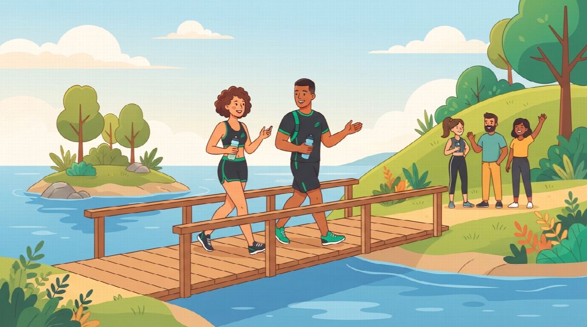 Two workout partners crossing a wooden bridge toward a larger island where friends wave them over