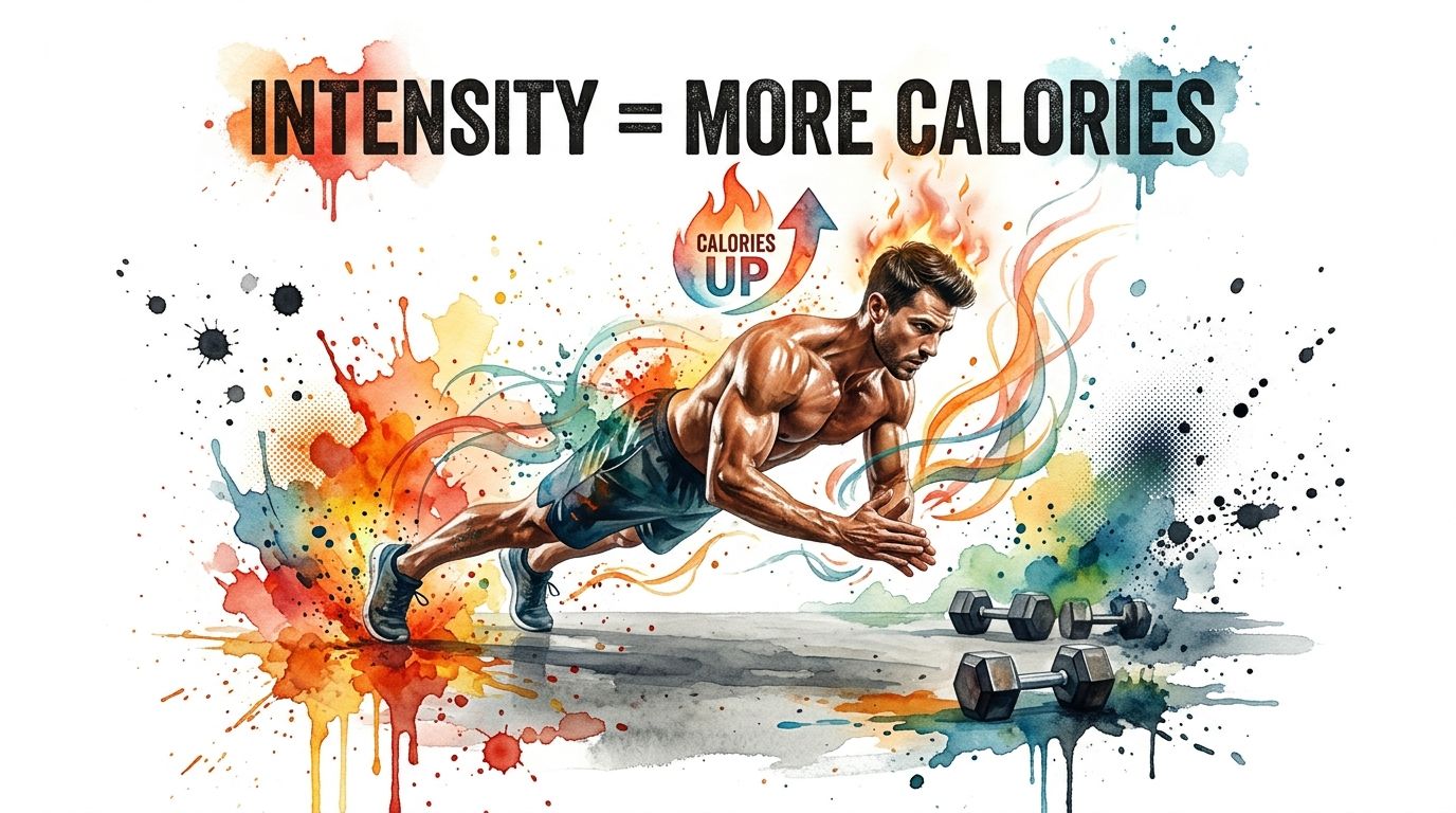 A muscular man performing an intense push-up exercise with watercolor effects, symbolizing calorie burning and fitness.