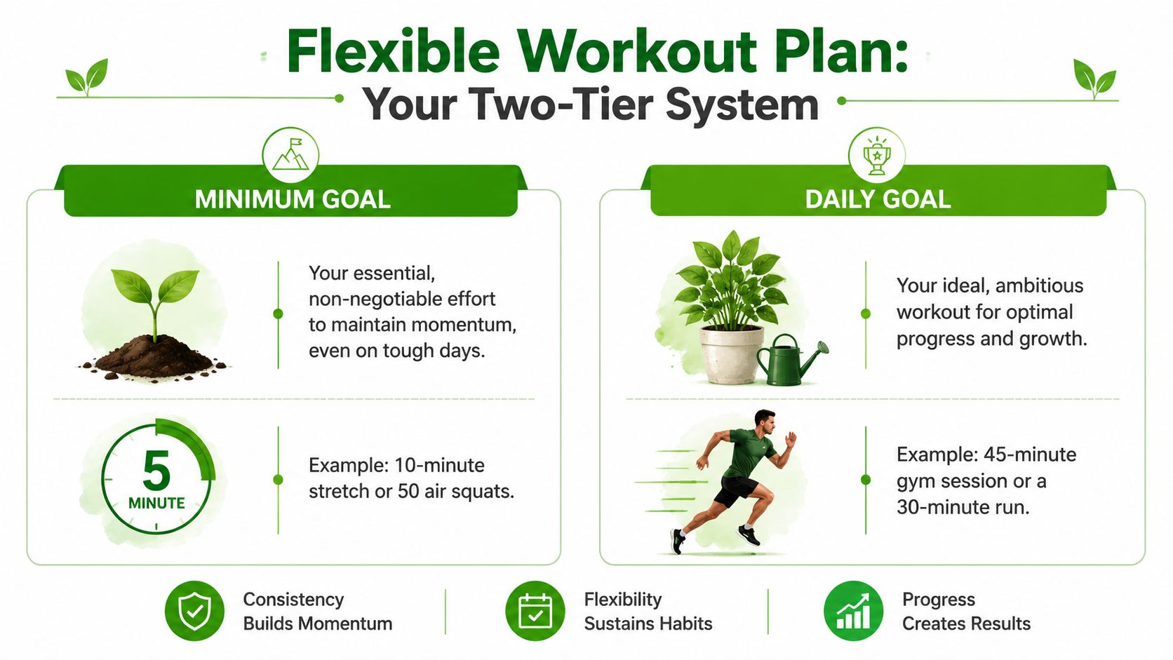 An infographic illustrating a two-tier workout system featuring a minimum goal and a daily ambition goal.