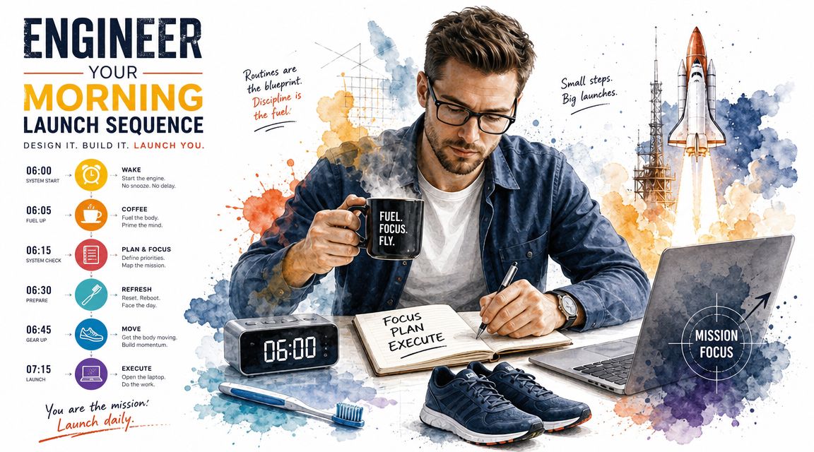 A man in glasses planning his morning routine with tasks listed from waking up to launching work.