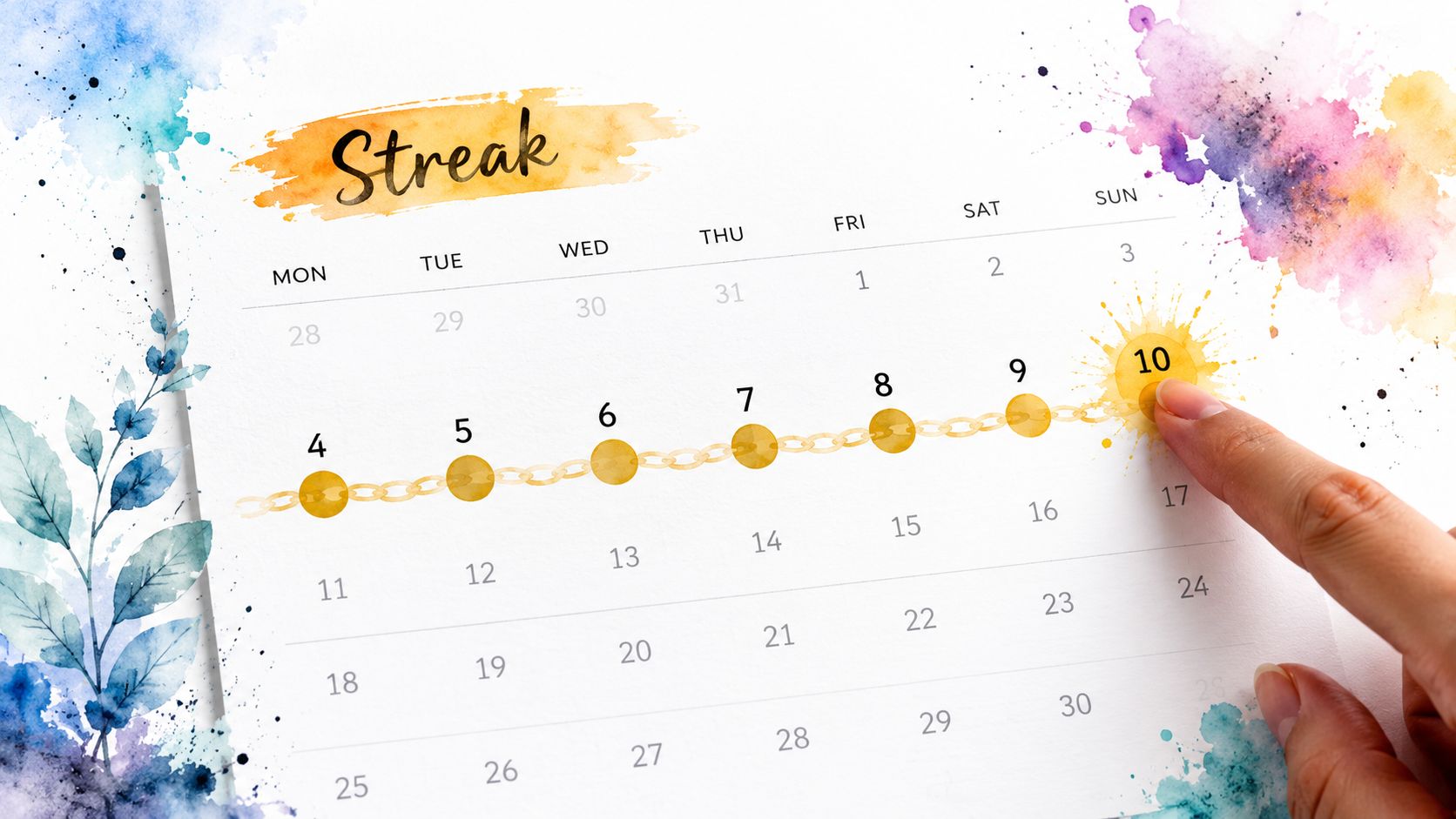 A finger touches the 10th day on a calendar to mark a successful daily habit streak.
