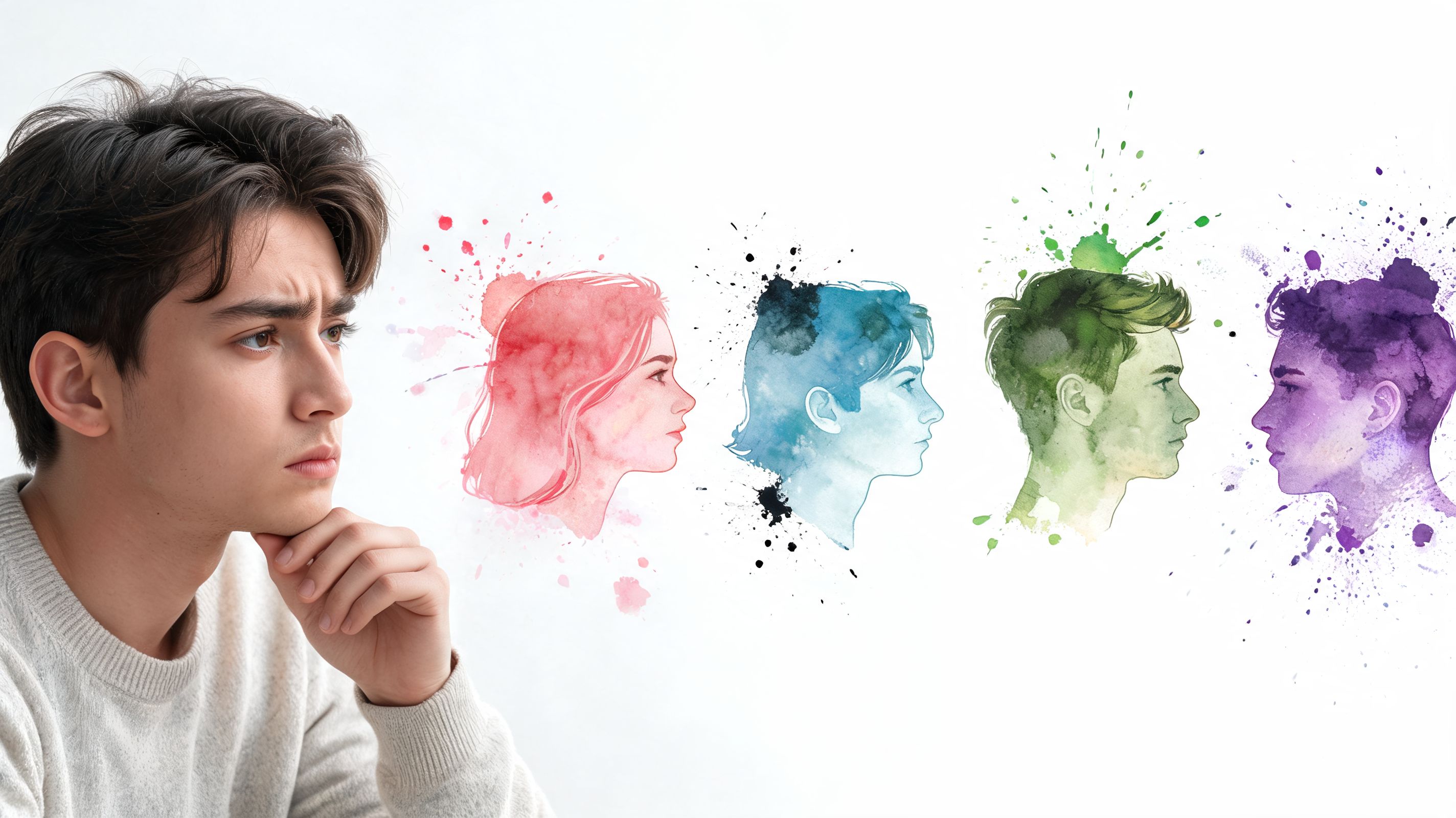 A contemplative young man imagining diverse colorful watercolor profile portraits floating in the air beside him.