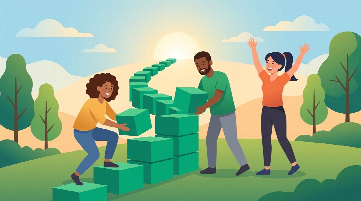 Illustration of three friends stacking blocks into a rising chain together