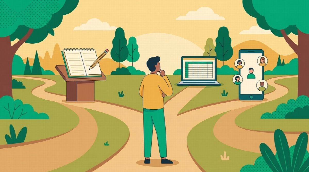Illustration of a person choosing between paper, spreadsheet, and phone habit tracking options