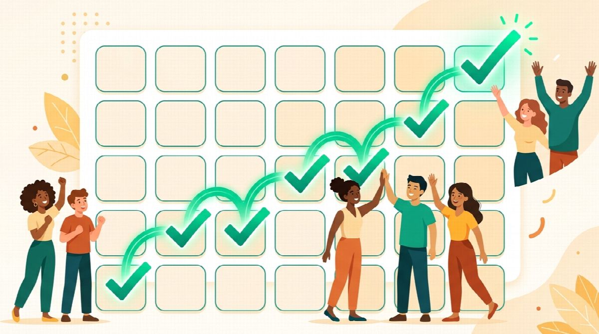 A simple four-week calendar with a rising chain of green checkmarks across it