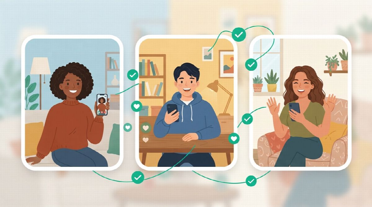 Three friends in different homes holding up phones, with check marks and hearts floating between them