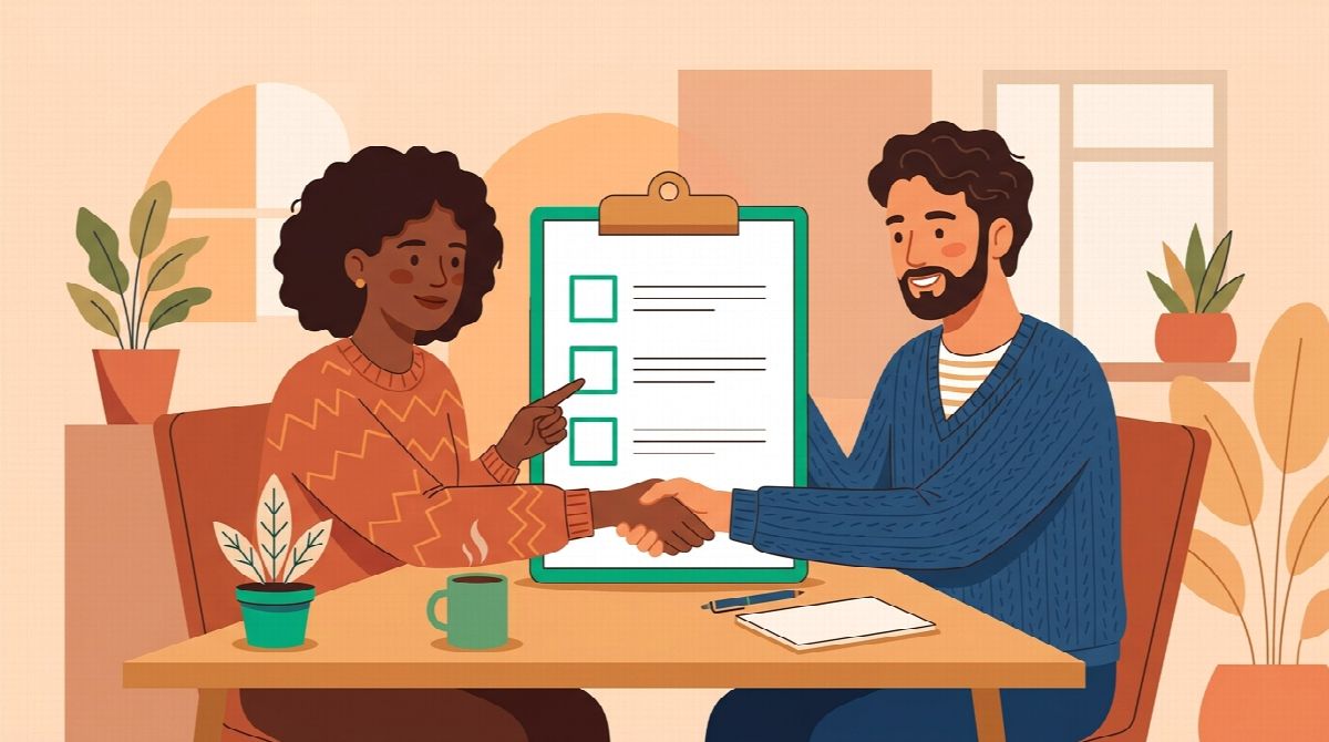 Illustration of two people agreeing on a simple three-item plan before starting a shared habit